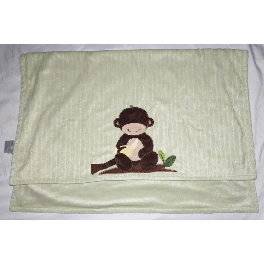 Lambs & Ivy Monkey W Bananas Baby Blanket Green Brown Unisex Lovey Lines Soft